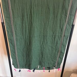 Green Lightweight Tassel Scarf with Pink & Navy Accents